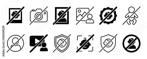 Collection of black prohibition icons showing no photography, no video, and no pictures of people or children, representing privacy, consent, and digital content restrictions in a minimal glyph style