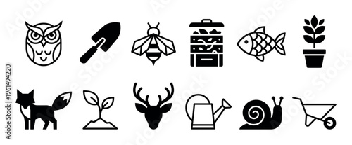 Set of twelve black nature icons featuring an owl, fox, deer, bee, fish, snail, and various gardening tools like a trowel, watering can, and wheelbarrow in a minimalist glyph style