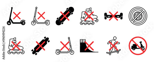 Set of black and red prohibition icons showing forbidden personal transportation like electric scooters, skateboards, and rollerblades for public safety and area restrictions