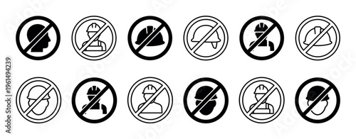 Set of black and white prohibition signs showing no entry and no hard hats allowed for workplace safety regulations, presented as a collection of minimalist vector icons
