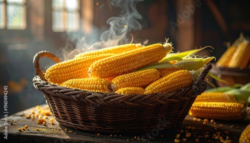 A close-up shot of a woven basket filled with steaming ears of fresh corn, ready to be enjoyed