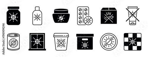 Collection of black and white icons representing product packaging symbols for protection from sunlight, heat, and UV radiation, designed in a clean and minimalist vector style