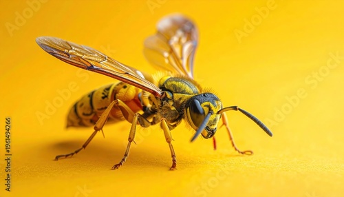 Close-up macro shot of a yellow wasp with black markings, showcasing its delicate wings and segmented body against a bright yellow backdrop, highlighting insect anatomy