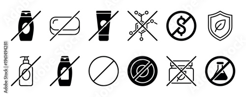 Set of black and white minimalist icons representing product claims like paraben-free, sulfate-free, and natural for cosmetic and skincare packaging