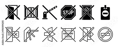 Set of black prohibition and restriction icons including no entry, access denied, and warning symbols for private property, designed in a minimalist graphic style
