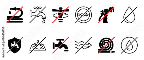 Set of black and red icons showing water usage restrictions and conservation concepts with crossed-out faucets, hoses, and sprinklers in a minimalist vector style