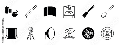 Food photography and styling black glyph icons set showing camera, lighting equipment, styling tools, and prepared dishes for professional photoshoots