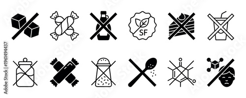 Black and white sugar free icon collection showing no added sugar, candy, soda, and unhealthy additives for product packaging and dietary information, presented in a clean line art style