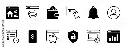 Set of black finance and banking icons for user interface design, including symbols for wallet, payment, security, analytics, and user profile for web and mobile applications