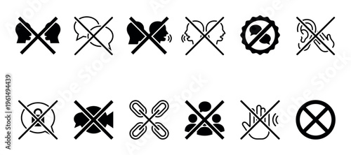 Collection of black prohibition icons representing communication restrictions like no talking, listening, meetings, or video, presented in a clean, minimalist vector graphic style