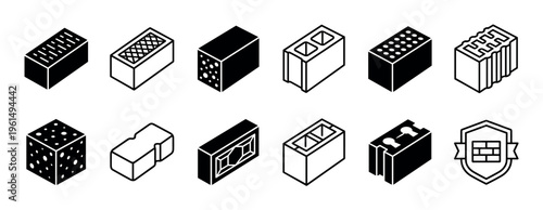 Collection of construction brick and block icons in a minimalist isometric style, featuring various solid, hollow, and perforated designs as simple black line art and glyph symbols