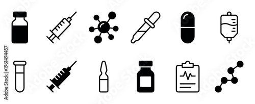 Collection of black medical icons representing healthcare and science, including a syringe, vial, pill, molecule, test tube, dropper, and IV drip bag for various clinical concepts