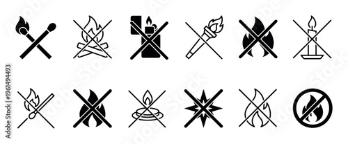 Set of black prohibition icons showing no fire, no open flame, and flammable danger warnings in a minimalist glyph style for safety instructions and regulations