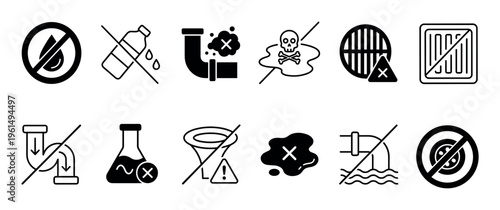 Collection of black line art icons representing water pollution, waste disposal, and drainage system problems in a minimalist vector style for environmental awareness concepts
