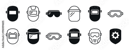 Welding mask and safety goggle icons in a minimalist collection of black line art and silhouette designs for industrial protection and welder equipment concepts