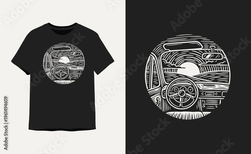 Road Trip Interior Car View Sunset Vintage Illustration T-shirt Design