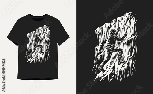 Vintage Ice Climbing T-Shirt Design Woodcut Illustration