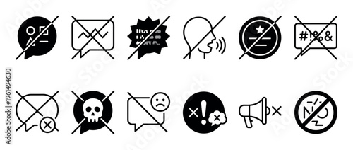 Set of black and white icons representing censorship, hate speech, and negative communication concepts like swearing, toxic comments, and cyberbullying in a minimalist line art style