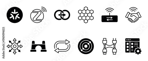 Set of black glyph icons for technology and networking concepts including connection, data transfer, digital handshake, and system configuration symbols presented as a collection of pictograms