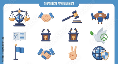 Geopolitical power balance concept icons set.