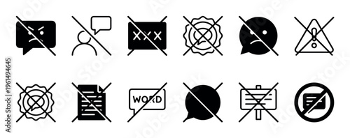 Set of black minimalist glyph icons representing prohibition, censorship, and communication restrictions with various crossed-out symbols like speech bubbles, documents, and warning signs