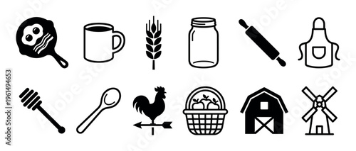 Collection of black farm and breakfast icons including a barn, windmill, rooster, basket of apples, and cooking utensils for a rustic, country-themed design concept