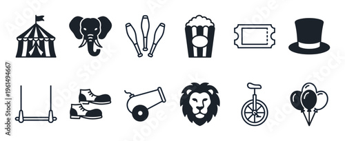 Set of twelve black circus-themed icons featuring a big top tent, elephant, lion, popcorn, and unicycle for entertainment and performance concepts