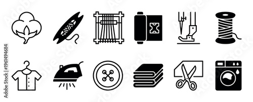 Set of black textile industry icons in a simple glyph and line style, depicting sewing, weaving, and laundry processes with symbols for cotton, thread, scissors, and a washing machine