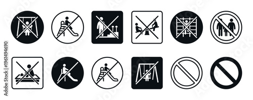 These twelve black and white prohibition signs illustrate various safety rules and restrictions for playground activities, presented as clear graphic icons