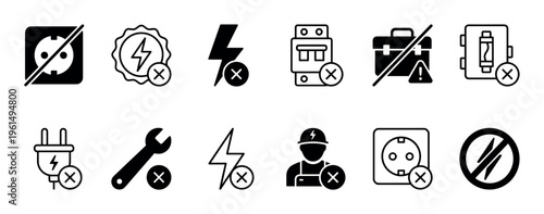 Comprehensive set of electrical safety warning icons featuring prohibition symbols over sockets, plugs, tools, and electricians, presented in a clean, graphic style