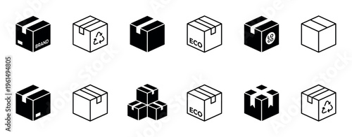 Twelve minimalist isometric delivery box icons are displayed in a clean, graphic collection, featuring various designs with outlines, solid fills, and symbols like recycling and eco text