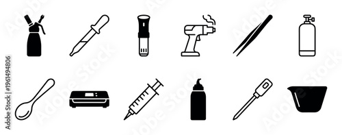 Collection of black and white culinary tools and kitchen equipment icons, including a cream whipper, sous vide, torch, and syringe, presented in a clean, minimalist graphic style