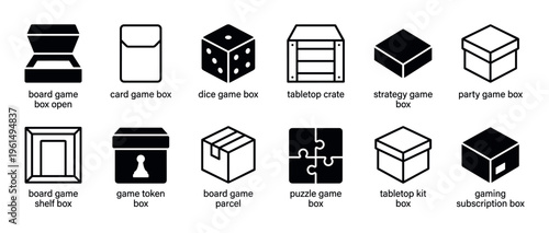 Collection of various black and white game box icons, featuring different shapes and styles for tabletop, card, dice, strategy, and puzzle games, presented in a clean, minimalist graphic design