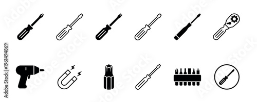 Set of black tool icons featuring screwdrivers, a power drill, a ratchet, and various bits in solid glyph and outline styles for repair, DIY, and construction concepts