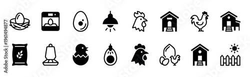 Set of black poultry farming icons showing a chicken, rooster, chick, egg, nest, coop, incubator, and feeder for agricultural and livestock concepts in a simple glyph style
