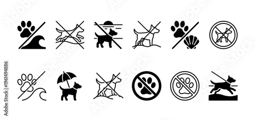 Collection of minimalist black pictogram icons depicting various rules for dogs, such as no pets allowed, no swimming, and leash regulations for public areas like beaches