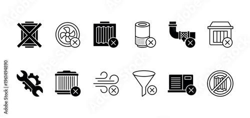 Black glyph icons set for air filtration and ventilation systems showing common problems like clogged filters, broken fans, and required maintenance for HVAC equipment