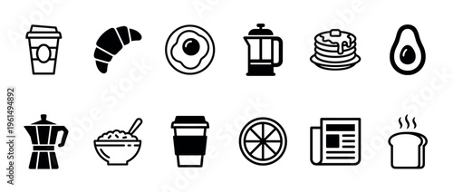 Set of twelve black breakfast icons featuring coffee, croissant, fried egg, pancakes, and avocado in a clean, minimalist line art and silhouette graphic design style