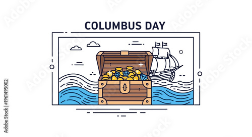 Stylized illustration of historical maritime exploration and discovery with valuable treasures