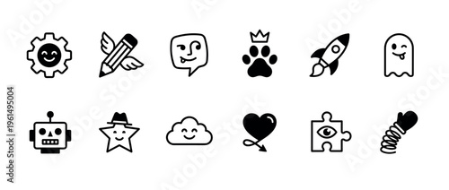 Collection of twelve black and white doodle icons featuring a cute gear, winged pencil, winking ghost, robot, and rocket in a simple, minimalist line art style for graphic design