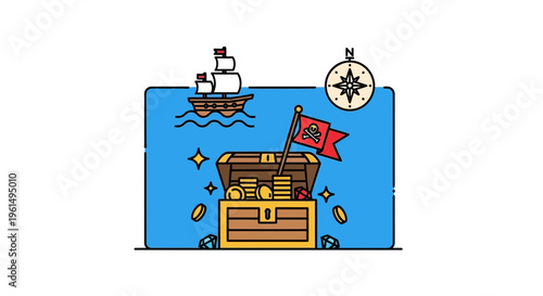 Detailed illustration of a bounty-filled pirate chest, classic ship, and navigational compass
