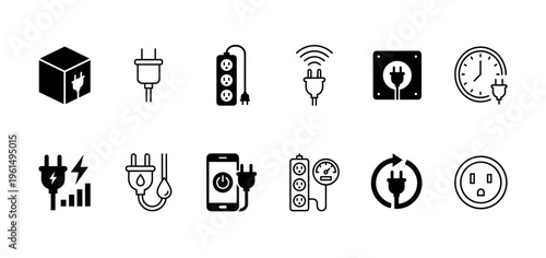 Set of black electric power icons featuring various plugs, sockets, chargers, and energy concepts in a minimalist glyph style for technology and electricity themes
