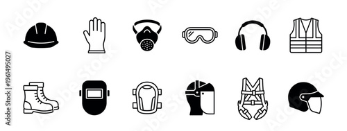 Collection of black personal protective equipment icons for industrial safety, including hard hat, respirator, goggles, earmuffs, boots, vest, and welding mask