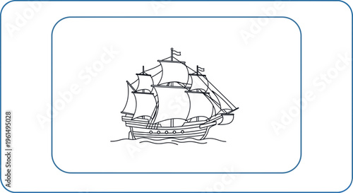 Intricate black and white line drawing of a majestic multi-sailed historical ship cruising