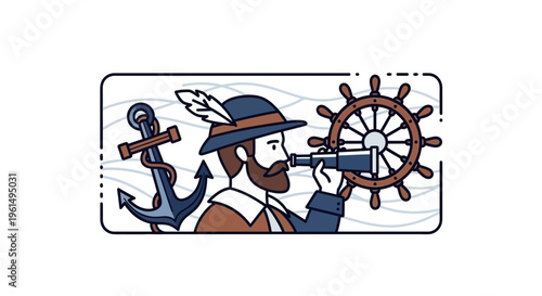 Stylized illustration of a bearded navigator with spyglass, anchor, and ship's wheel on a sea