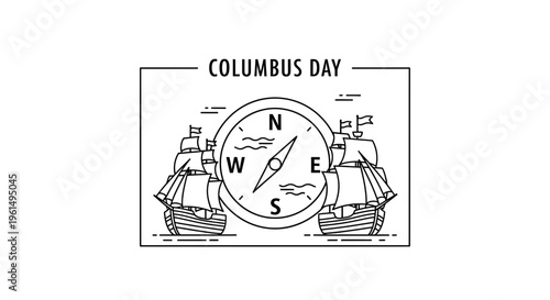 Minimalist line art illustration featuring historical sailing ships and an ancient compass design