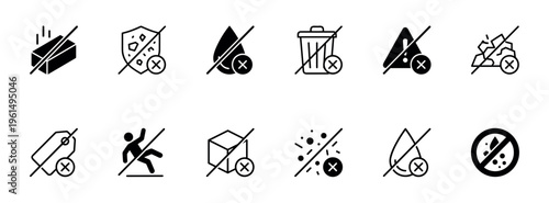 Collection of black prohibition icons showing various restrictions and warnings in a minimalist glyph style for user interface design and product labeling on packaging