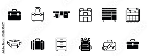 Collection of twelve black luggage and container icons in both solid glyph and thin line art styles, depicting a suitcase, briefcase, backpack, tool belt, and office cabinet