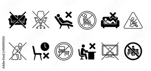 Collection of black prohibition icons showing do not sit signs for chairs, sofas, and desks, illustrating rules for public spaces, safety warnings, and ergonomic health concepts