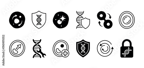 Collection of black science icons representing genetics, DNA protection, cell regeneration, and biotechnology concepts in a clean, minimalist vector illustration style
